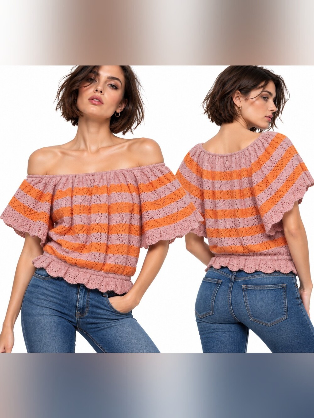 NWT Love by Design Lala Ruffle Striped Open Knit Top On / Off The Shoulders